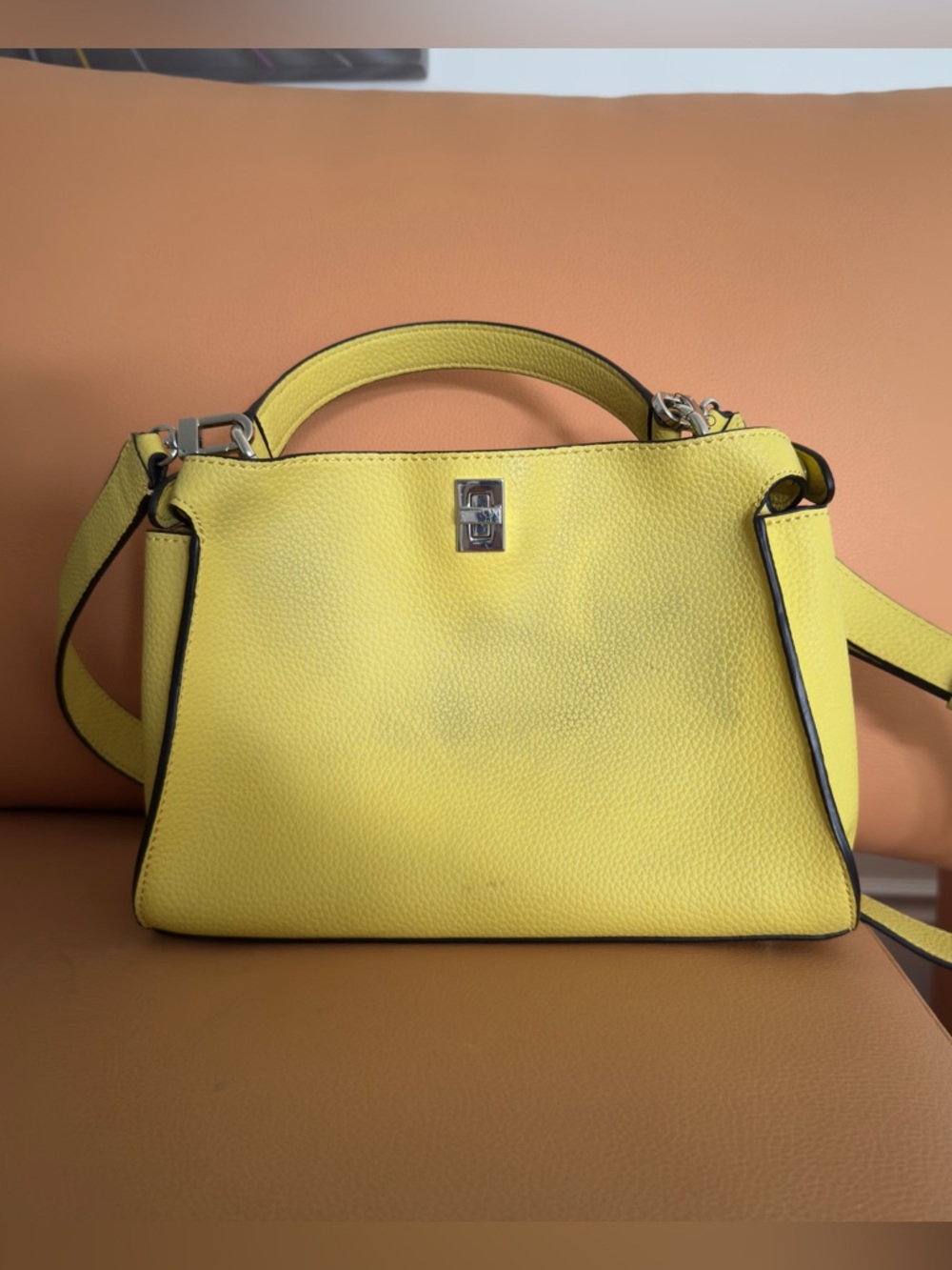 Guess Women's Uptown Chic Large Turnlock Satchel - Yellow *Stained on the back* - Picture 3 of 11